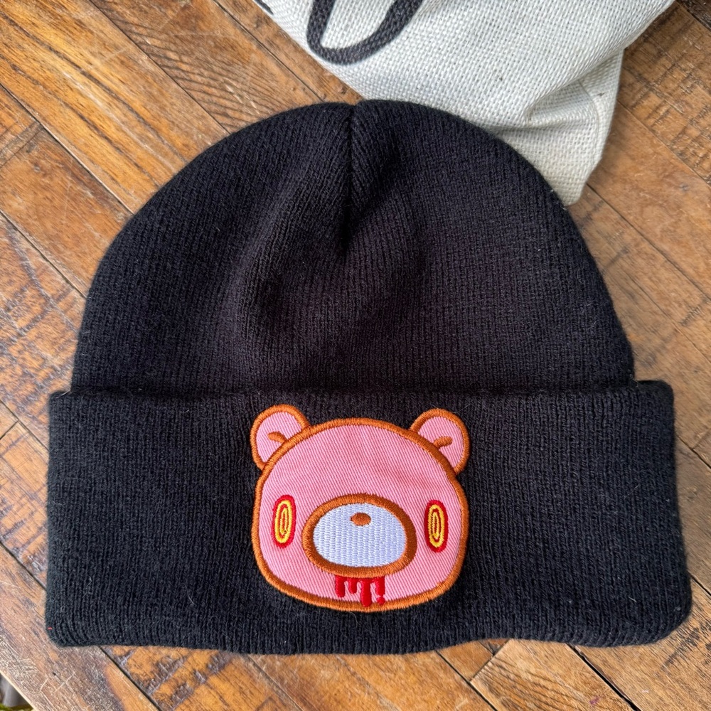Cozy Black Beanie with Pink Bear Patch